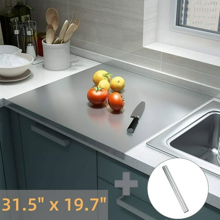 Ymokee 31.5  L x 19.7  W Stainless Steel Chopping Board with Rolling Pin  Large Metal Cutting Boards with Lip for Kitchen  Silver