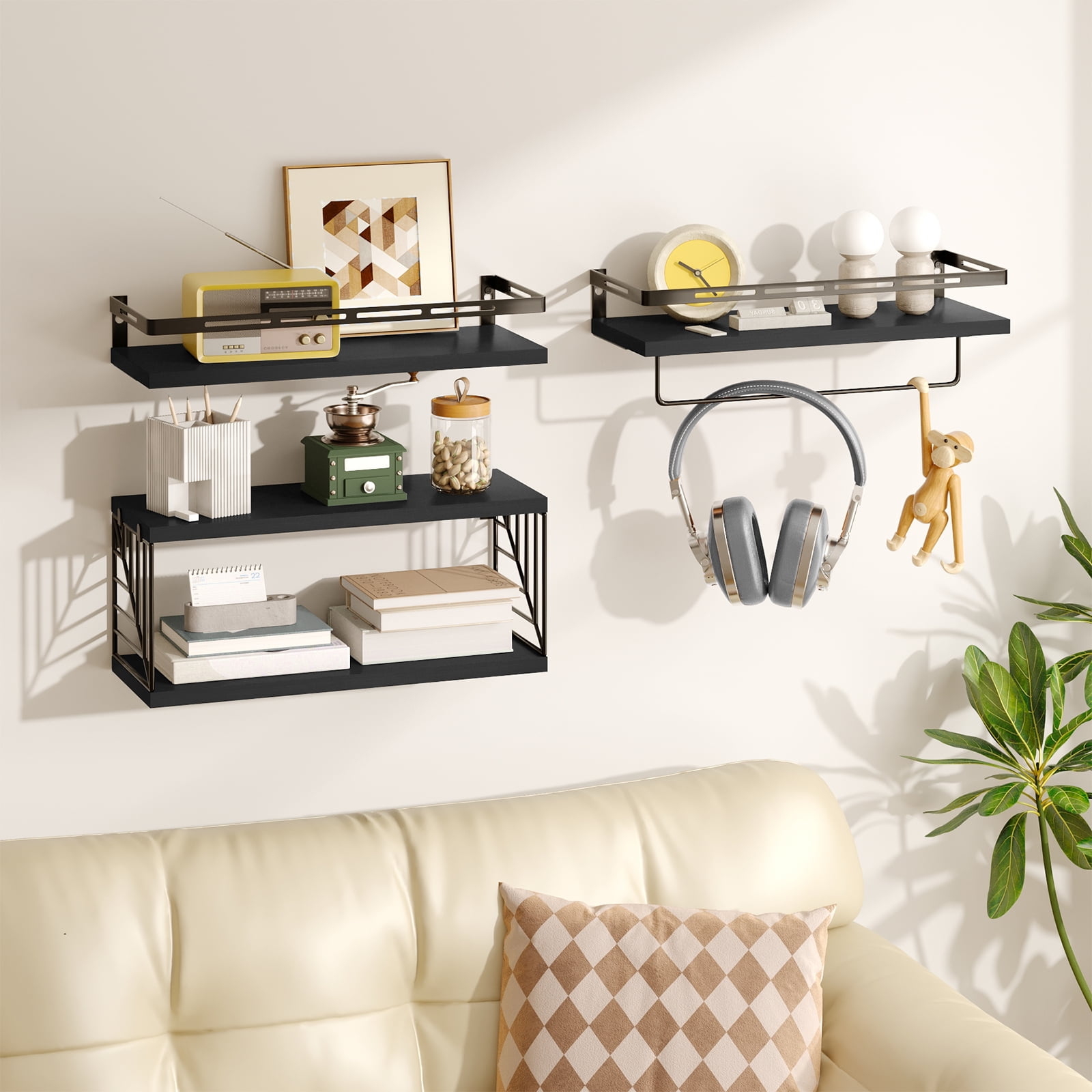 Fairy 4pcs Bathroom Floating Shelves Over Toilet, Wall Shelves with Towel Bar for Bathroom, Living Room (Black)