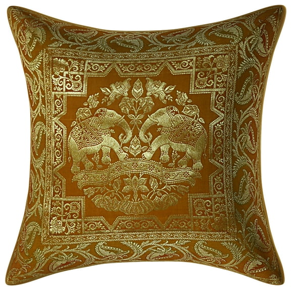 Stylo Culture Indian Decorative Brocade Mustard Yellow And Gold Throw Pillow Covers 16x16 Jacquard Weave Banarsi Sofa Christmas Pillow Case Covers Elephant Floral 40x40 cm Cushion Covers (1 Pc)