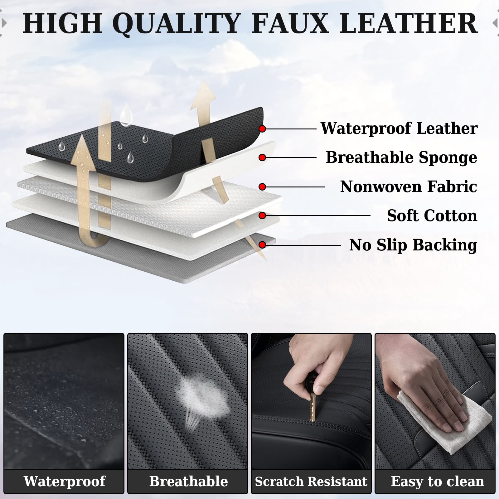Coverado Car Seat Covers Full Set, Black Front and Rear Seat Protectors, Waterproof Faux Leather Universal Fit for Most Cars