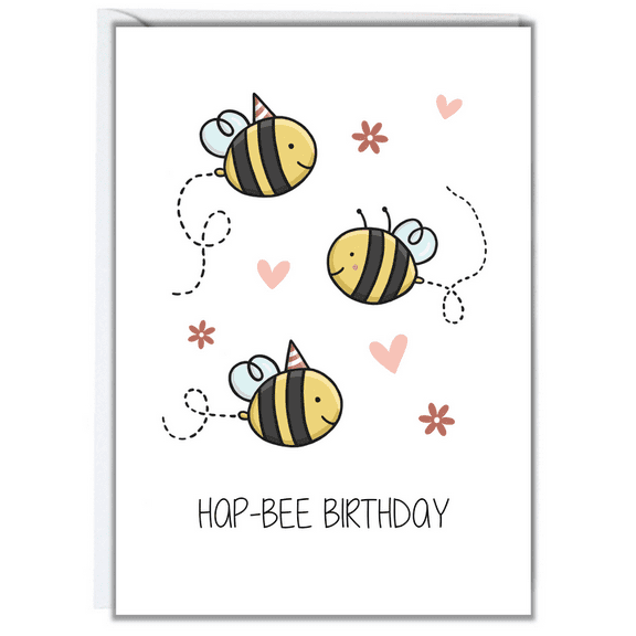 Hap-Bee Birthday Card – Cute Bee Design with Party Hats – Blank Inside, Envelope Included – Perfect for Birthday Celebrations and Sweet Wishes