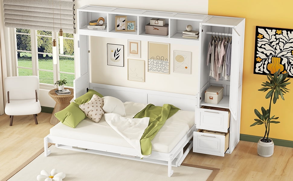 Mintazer Queen Size Murphy Bed with Top Shelf & Wardrobe, Modern Foldable Wall Bed with Drawers for Bedroom Apartment Guest Room, White