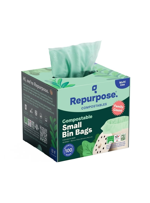 Repurpose 100% Compostable 3-Gallon Small Bin Trash Bags | 100 Bags, 1 Pack |  BPI Certified | Food Scrap Plant-based Trash Bags