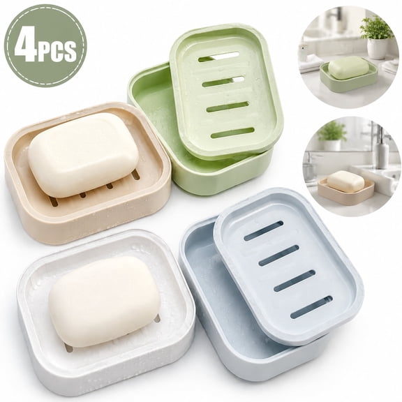 4 Pack Plastic Soap Dish, Soap Container, Double Layer Draining Soap Holder for Shower, Bathroom or Kitchen