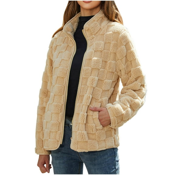Back to School Clothes Under $10 Women's Fleece Lined Zip up Trendy Solid Color Fuzzy Sherpa Outwear Notch Stand Collared Coat Winter Clothes Lady Casual Jackets Beige S