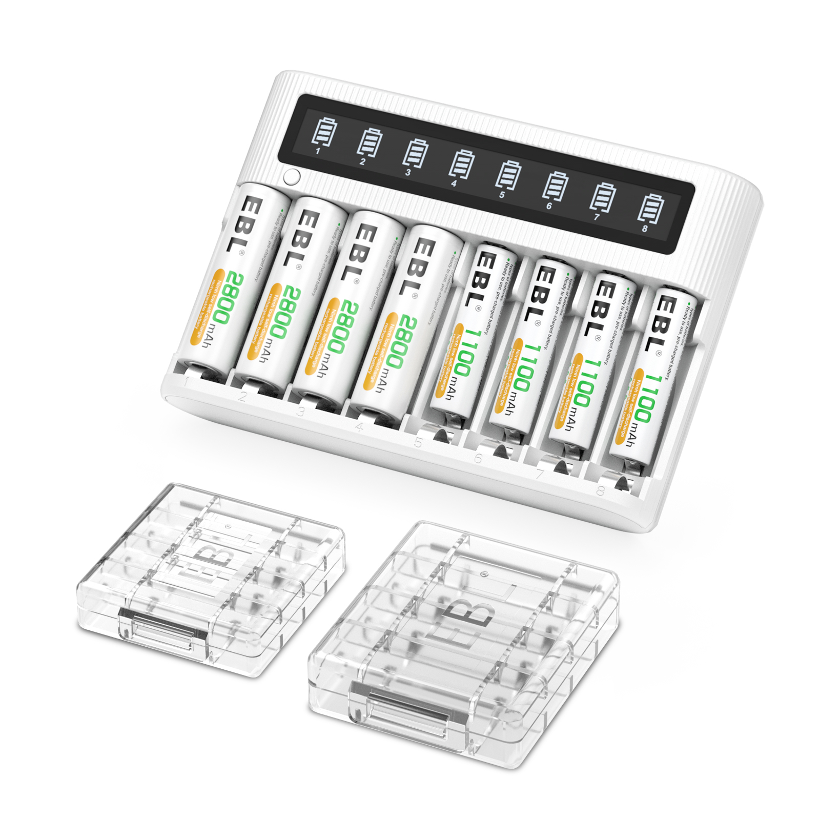 EBL 4-Pack Rechargeable AA Batteries (NiMH 2800mAh  1100mAh) AAA Batteries + Smart LCD 8 Bay Battery Charger