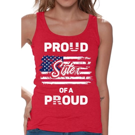 Awkward Styles Proud Sister of a Veteran Women Tank Top Stripes and Stars Vintage USA Flag Tank for Sister Veterans Day 4th of July Sister Top Independence Day USA Veteran Shirt for Sister