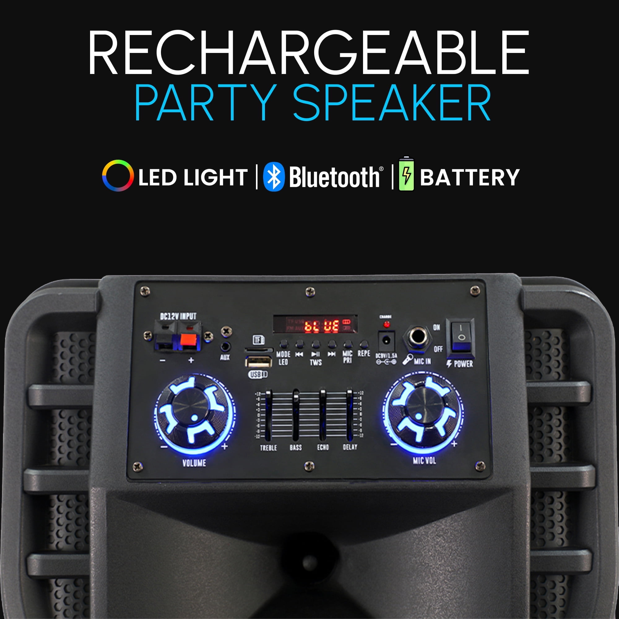 RIDWIND 8000W Peak Power Dual 12" Woofers Portable Bluetooth Speaker Indoor & Outdoor Loud Heavy Bass Sound System With Microphone RGB Party Lights Remote Control Support TWS/USB/FM/AUX/TF