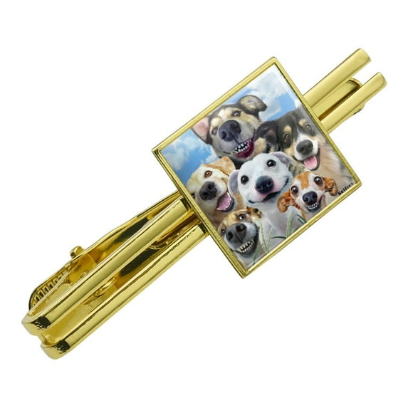 Dogs Smile Selfie Retriever German Shepherd Square Tie Bar Clip Clasp Tack- Silver or Gold