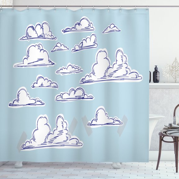 Blue Sky Shower Curtain, Continuous Sketch Style Clouds Cloudy Sky Fluffy Drawing Illustration, Fabric Bathroom Set with Hooks, 69W X 70L Inches, Pale Cadet Blue White, by Ambesonne