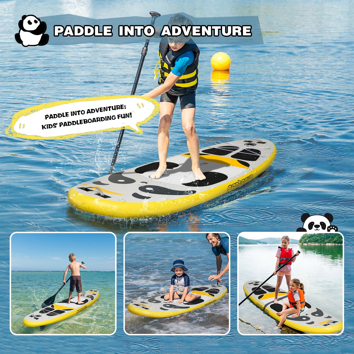 Santasup Kids Stand Up Paddle Board, 8ft Black Panda with Paddle Board Accessories for Kids, Inflatable Paddleboard Durable, Stable Design, Wide Non-Slip Deck, Hand Pump for Youth & Kids