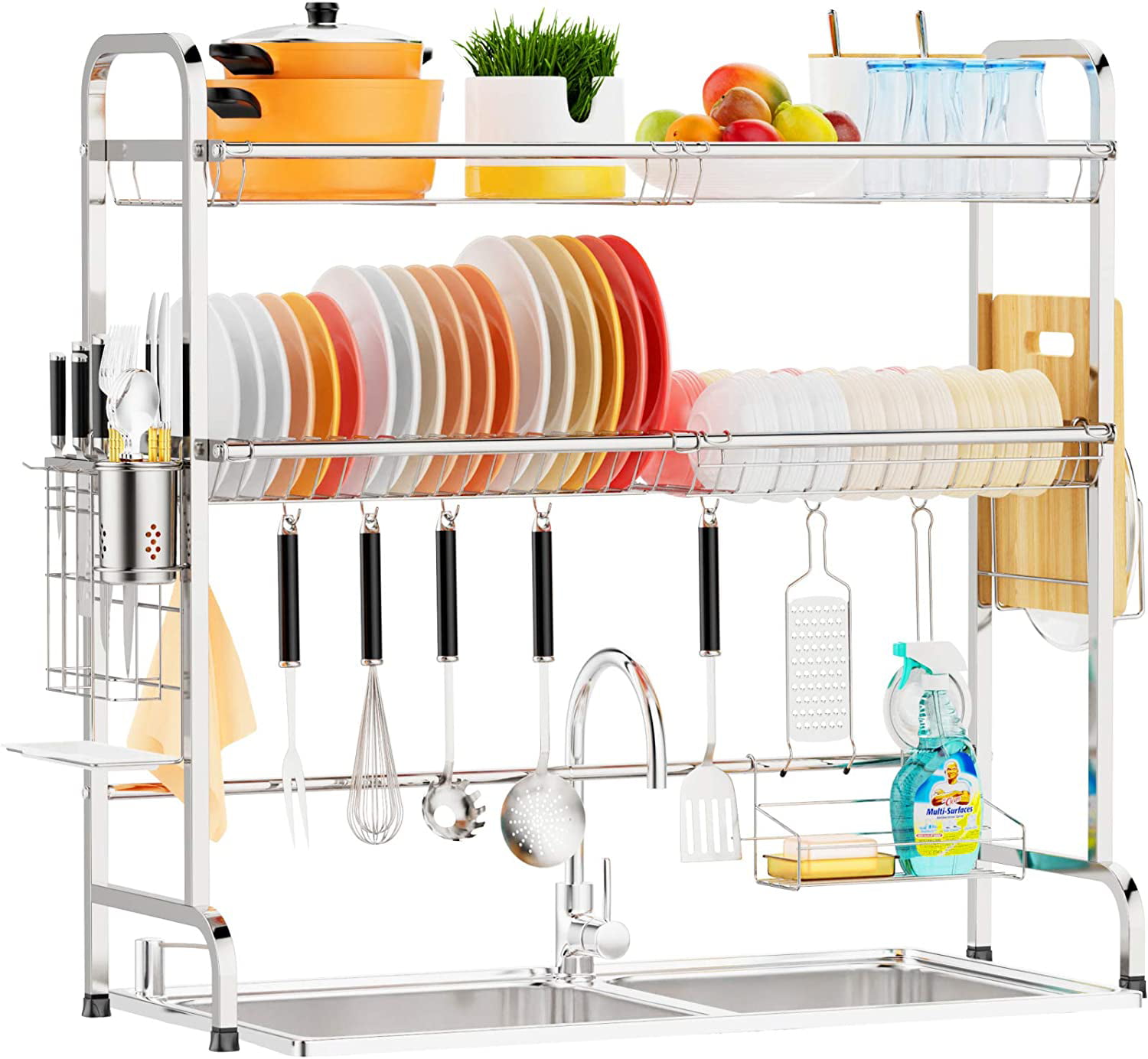 iSPECLE 2-Tier Large 201 Stainless Steel Dish Rack with Utensil Holder Hooks Stable Bend Foot for Kitchen Counter Non-Slip Over the Sink Dish Drying Rack