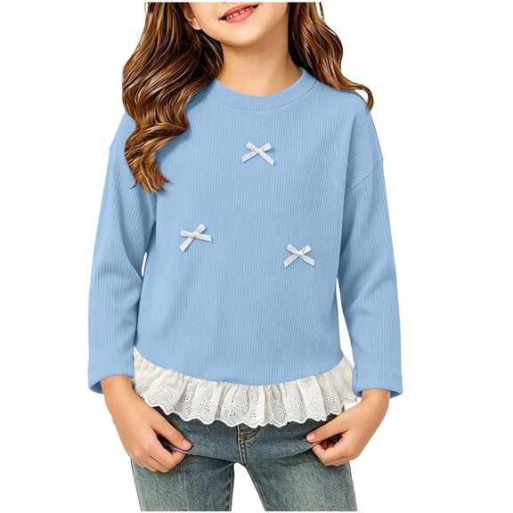 ATOGUTA Girls Long Sleeve Shirts Casual Long Sleeve T Shirts Kids Crewneck Tops Fashion Tees Size 0-12, Light Blue