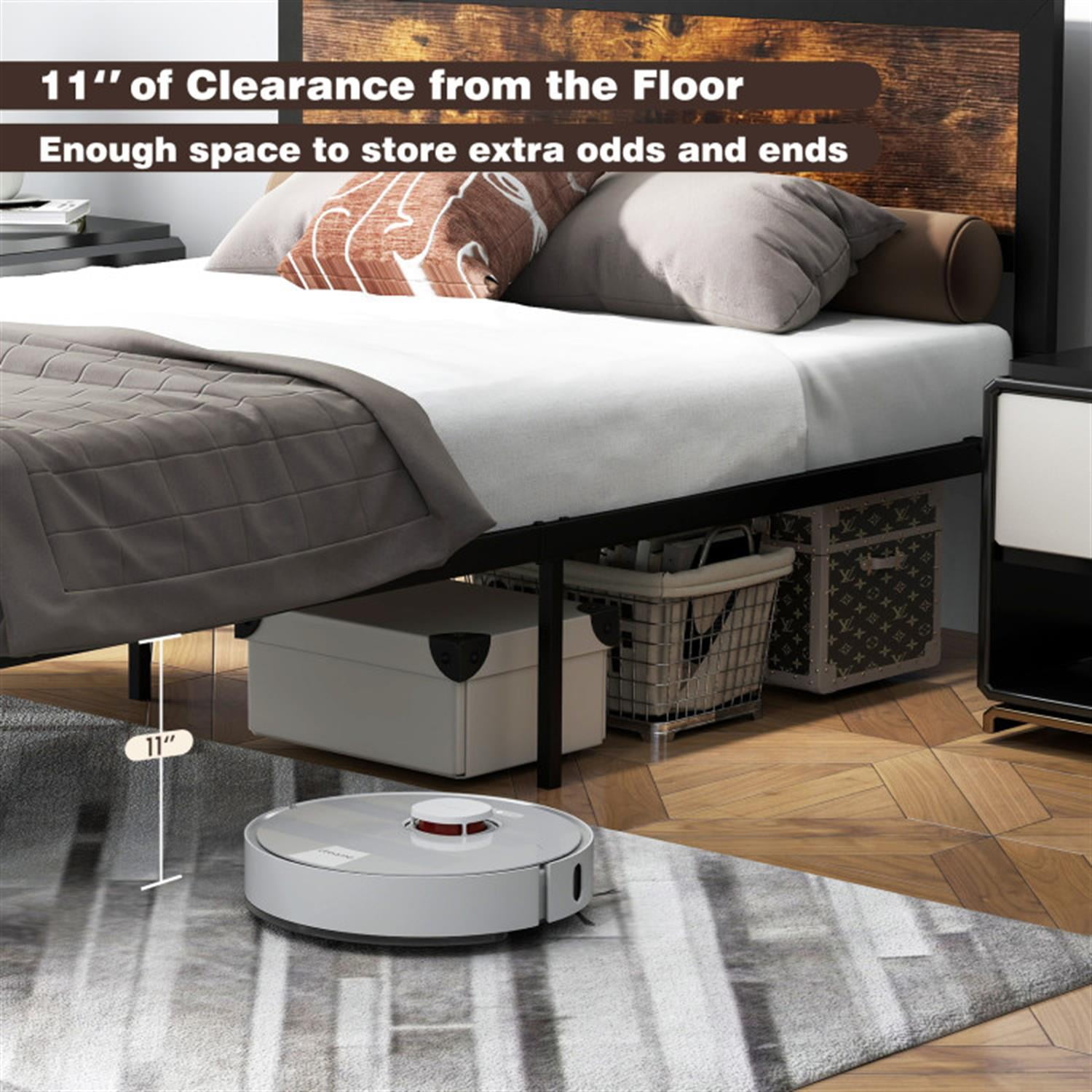 Demi Bonn Full Size Bed Frame with Headboard and Footboard, Modern Metal Platform Bed Frame with Under Bed Storage, No Box Spring Needed, Brown