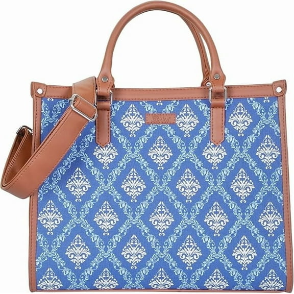Sishka Blue Hand Crafted Printed Fabric Laptop Bag – Lightweight Shoulder & Satchel Bag with Vegan Leather Handles for Women’s Everyday Style