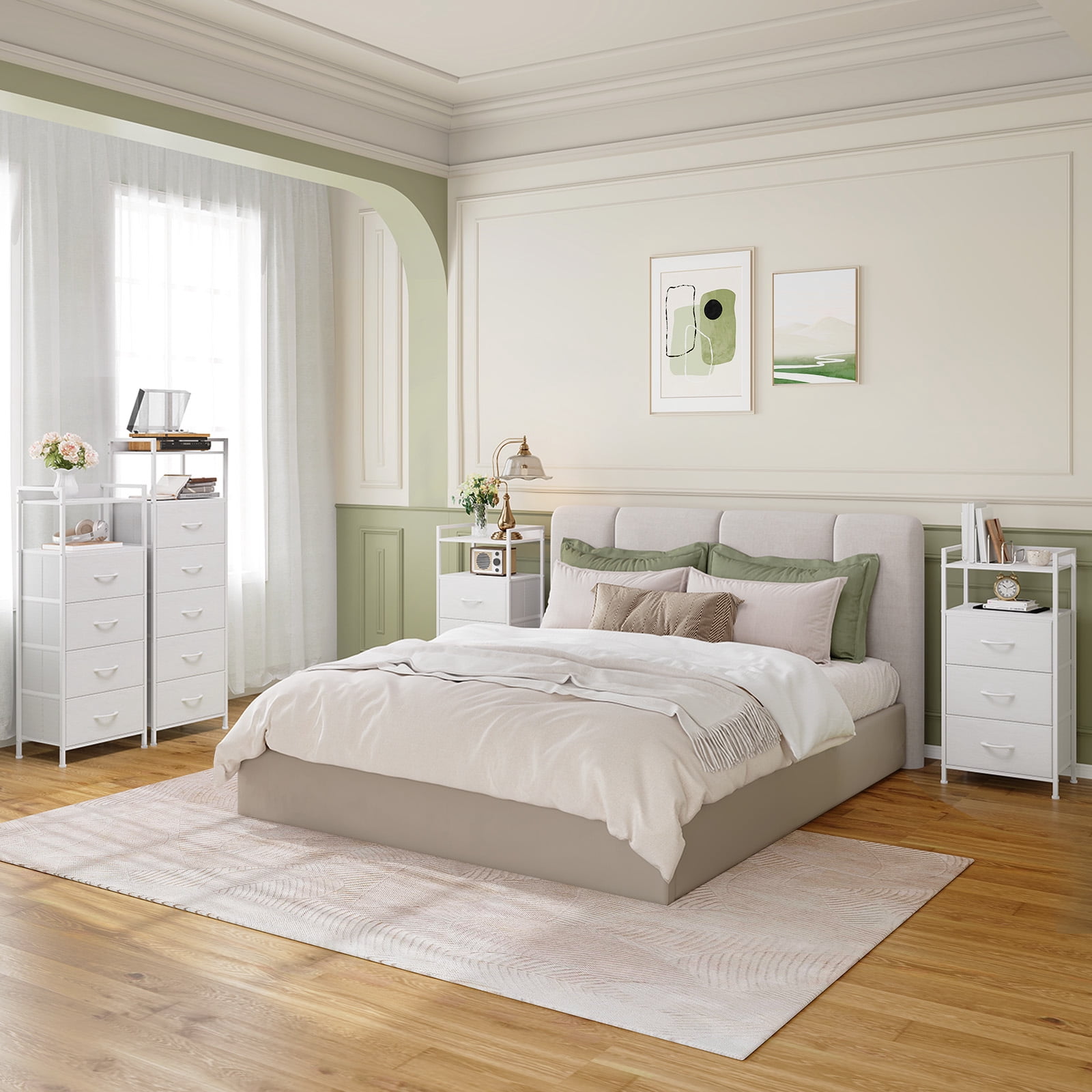Eunos White Tall Nightstand, 5 Vertical Fabric Drawer Dresser for Bedroom, Living Room, Hallway