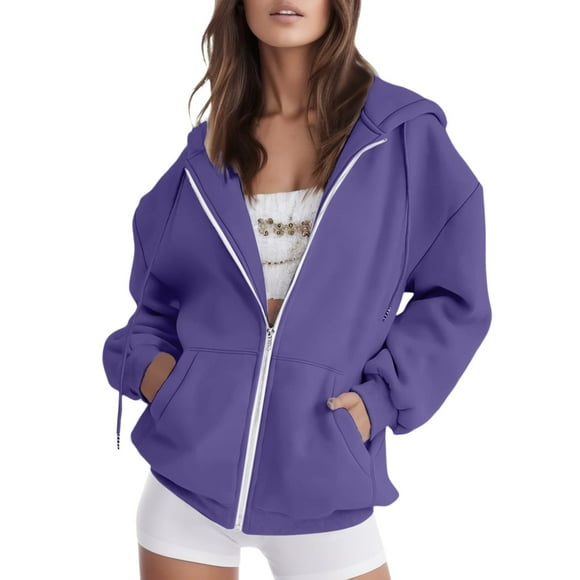 Purple Carhartt Sweatshirt Women, Polyester Womens Hoodie, Women's Fall Jacket Oversized Pocket Sweatshirt Casual Drawstring Clothing Zipper Track Jacket Solid Color Long Sleeve Hooded Tops