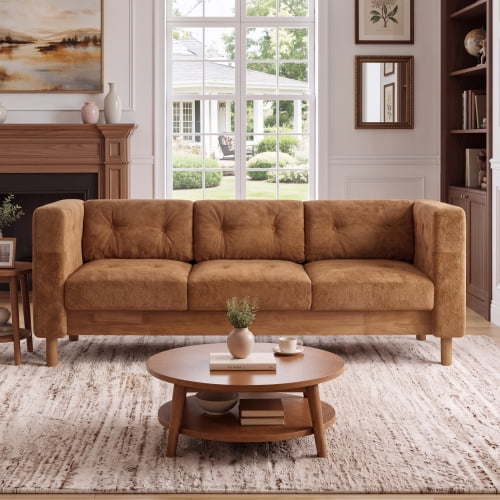 78" Modern 3-Seater Sofa, Chenille Upholstered Couch with Square Arms, Tufted Pillow Back & Walnut Rubber Wood Legs, Multi-Cushion Sofa for Living Room and Apartment, Orange