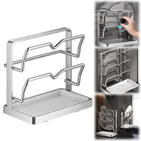 WUXIAB Stainless Steel 2-In-1 Pot Lid Holder,Stovetop Spoon Rest Kitchen Organizer,Drip-Catching Tray Countertop Rack,Heat-Resistant Cooking Tool Holder,Space-Saving Small Kitchen Counter Storage