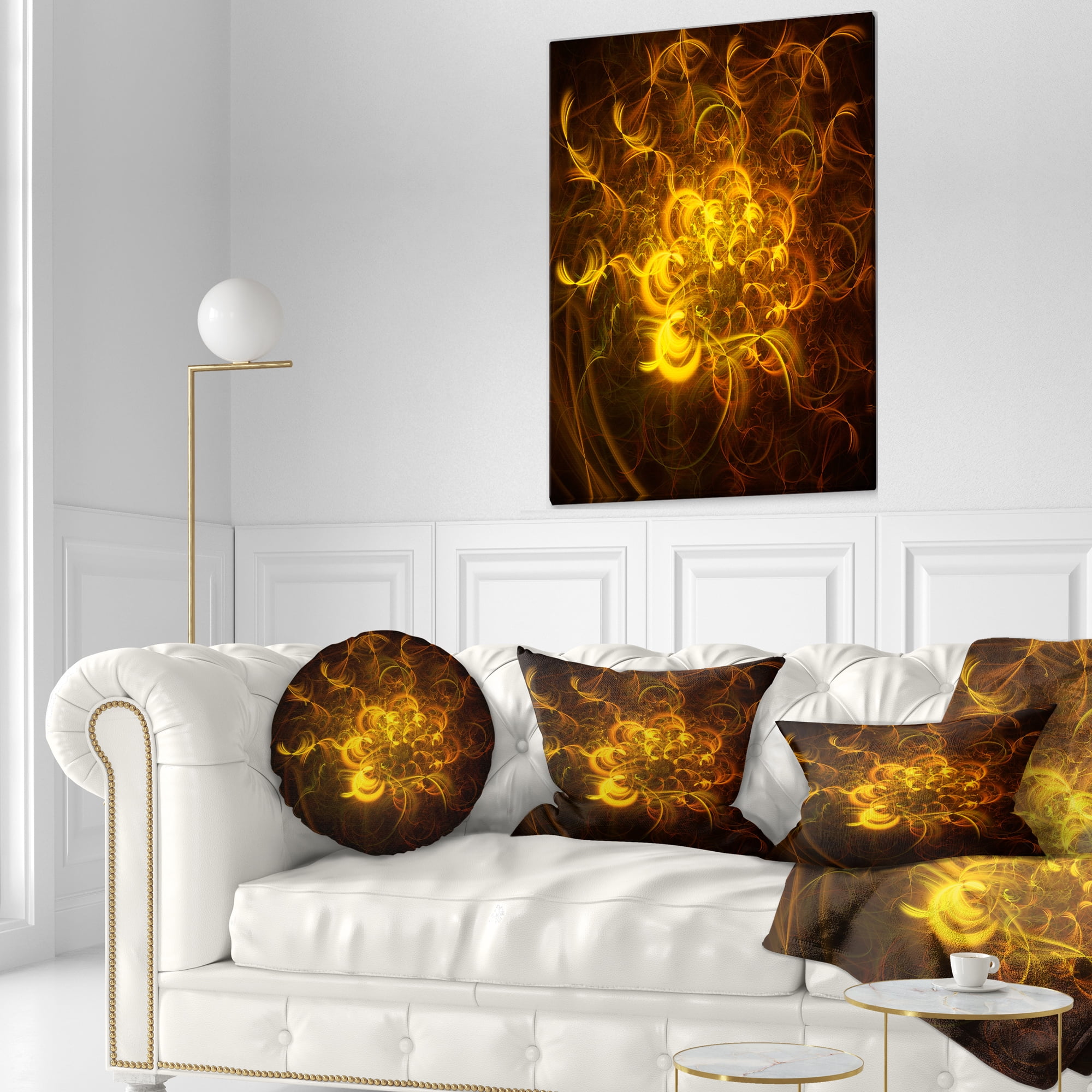 Designart Golden Fractal Flower in Dark - Floral Throw Pillow - 12x20
