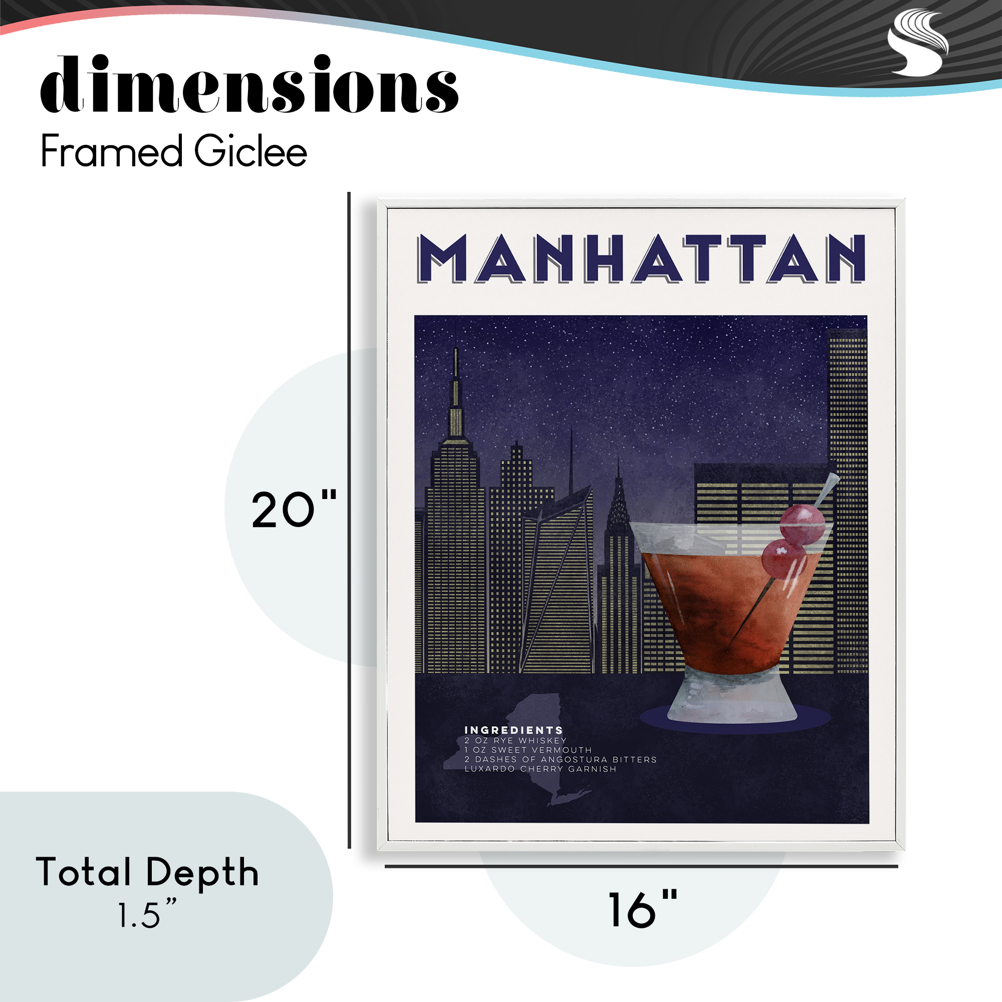 Retro Manhattan Cocktail Cityscape White Framed Giclee Art, design by Brett Blumenthal