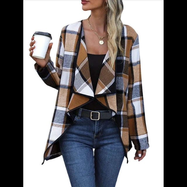 Chaqueta de Solapa A Cuadros con Abertura Frontal para Mujer, Camisas de Larga para Mujer, Chaquetas Ligeras Informales para Otoño. Café XXL
