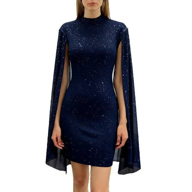 Robe pour Femmes, Élégante Robe Moulante Courte à Col Roulé, Manches Cape, Transparente avec Paillettes, Robe pour Femmes