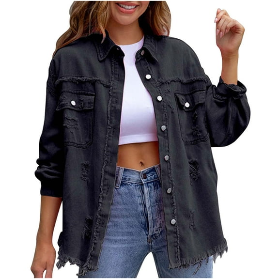 RYRJJ Women's Frayed Denim Jacket Casual Long Sleeve Button Up Boyfriend Ripped Jean Coat Basic Trucker Jackets with Pockets(Black,S)