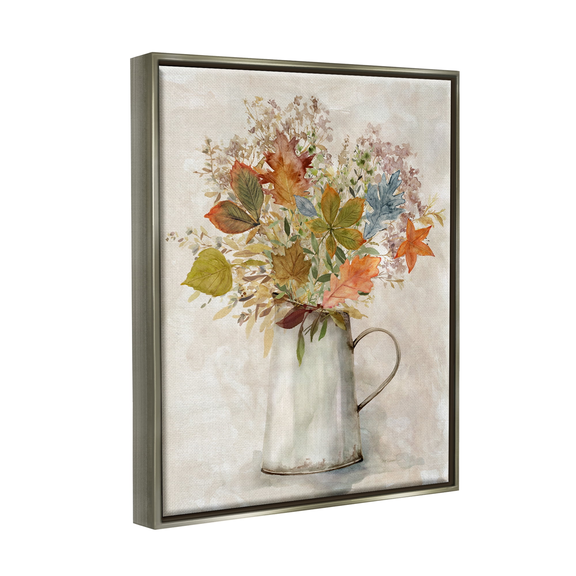 Stupell Industries Fall Florals Country Jug Botanical & Floral Painting Gray Floater Framed Canvas Art Print Wall Art, 17 x 21