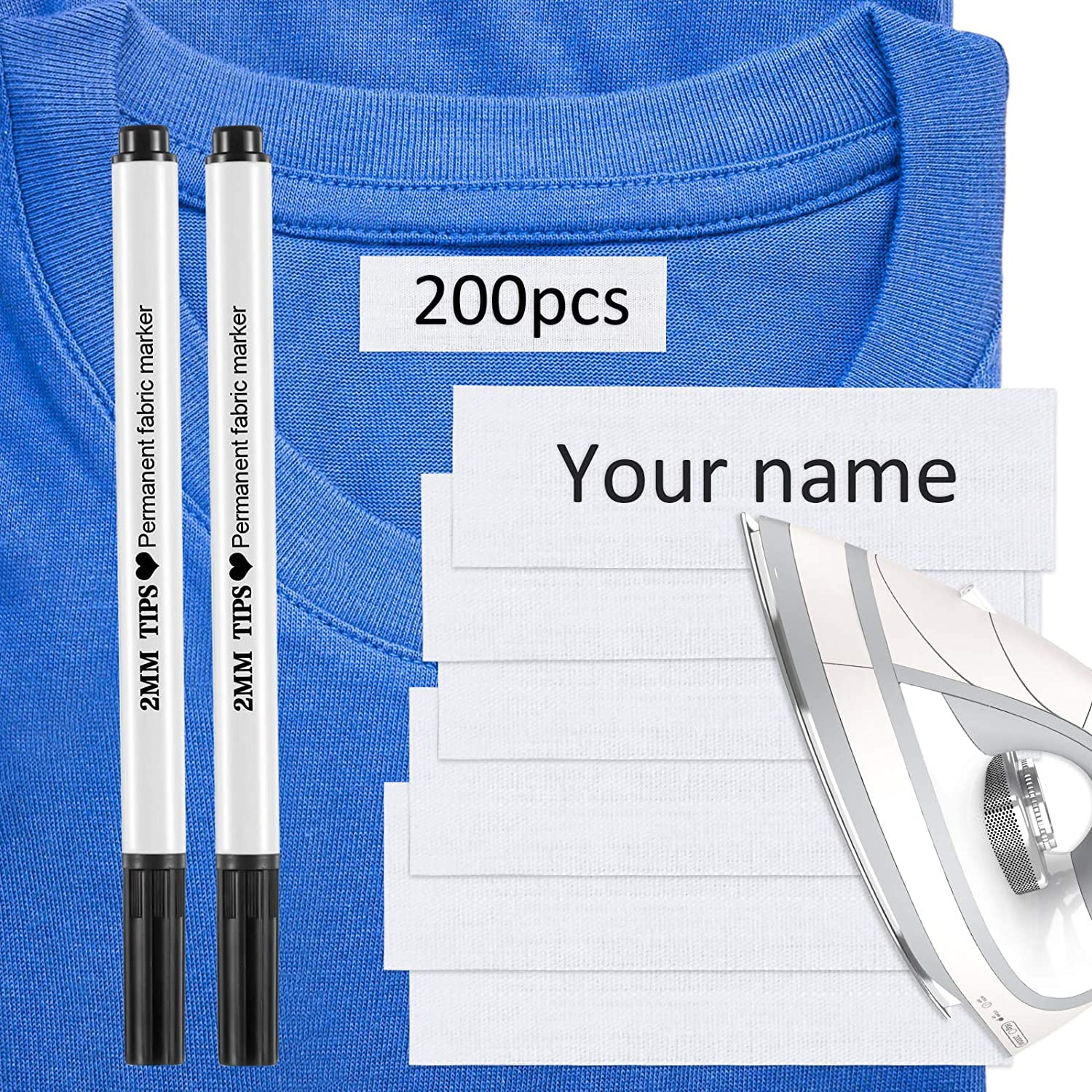 Writable Iron on Clothing Labels Precut Iron on Fabric Labels Personalized Clothing Name Labels Tags with 2 Pieces Permanent Fabric Marker for Nursing ...
