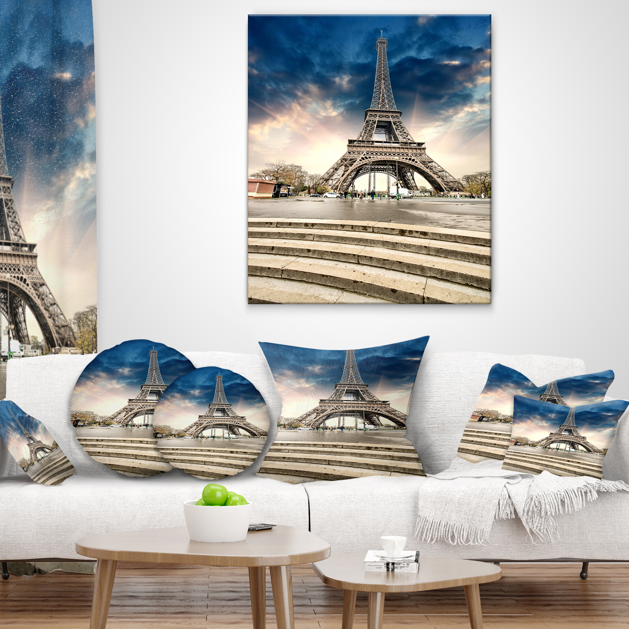 Designart Paris Eiffel Towerwith Stairs - Landscape Photo Throw Pillow - 16x16