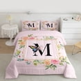 thumbnail image 2 of Homewish Girly Pink Letter M Queen Comforter Set, Romantic Rose Flower Bedding Sets, Magical Butterfly Animal Reversible Bedding Comforter Set, Super Cozy Room Decor, 3 Pieces, 2 of 8