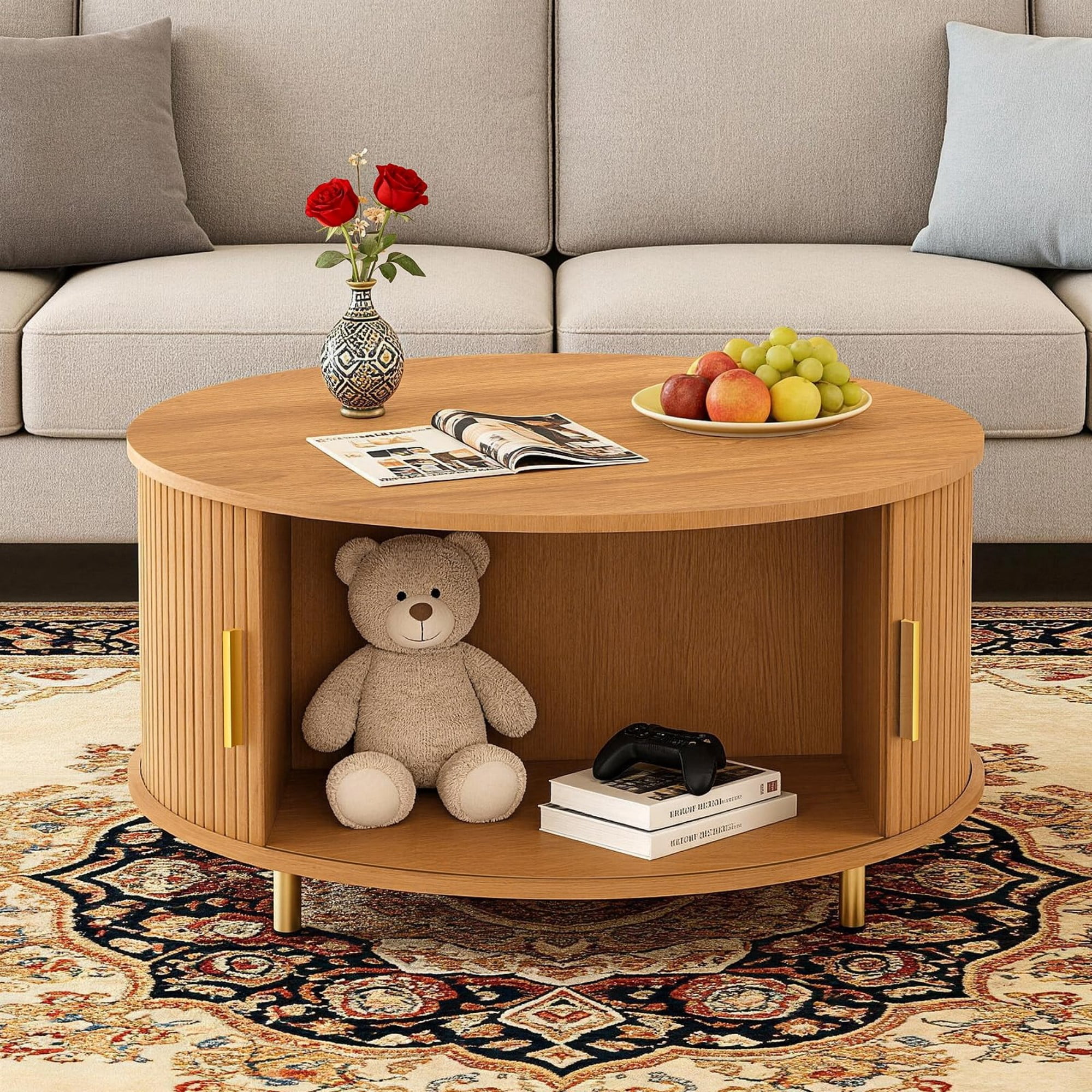 31.5" Round Coffee Table, Mid Century Modern Fluted Coffee Table with 360° Sliding Tambour Door & Storage, Yellow