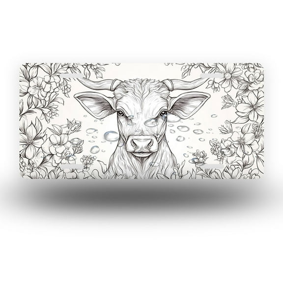 Cow Head with Floral Sketch Front License Plate,Metal License Plate,Funny Standard Plates Personalized Novelty Decorative For Men/Women/Boys/Girls Car 6×12 Inch