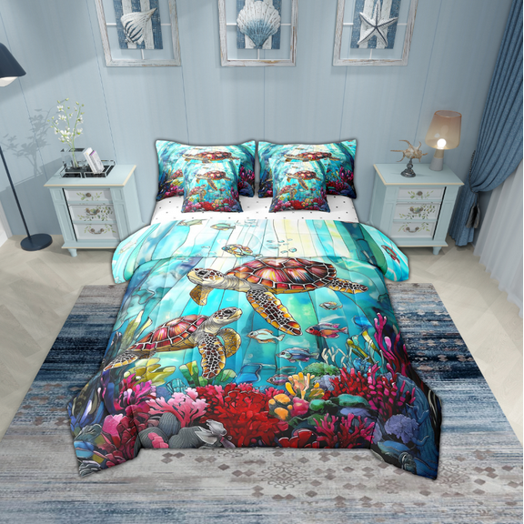 Erosebridal Ocean Turtle Bedding Sets Twin Size,Sea Animal Comforter Sets with Sheets,Underwater World Room Decorative,Reversible,Breathable,7pcs