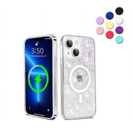iPhone 14 Clear Magnetic Case Compatible with Magsafe, Sparkly Glitter Design for Women, Slim Thin fit Shockproof Protective Phone Case for iPhone 14 6.1 inch , Clear