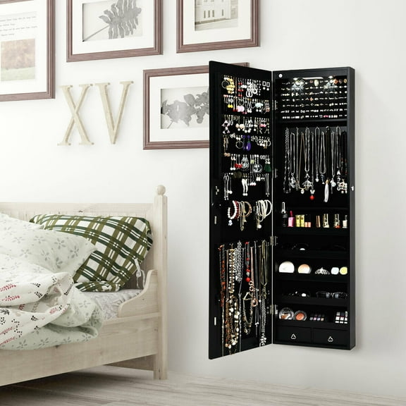 Gymax Wall & Door Mounted Mirrored Jewelry Storage Cabinet Storage with Lights & Drawer Black