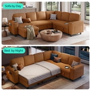 LINSY HOME 7 Seaters Modular Sectional Sofa, Plush Corduroy Sectional Couches, Sleeper Sofa with Pull Out Bed for Living Room, Brown