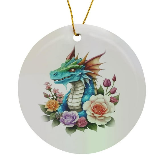 3drose, Floral Dragon Illustration, Circle Porcelain Ornament