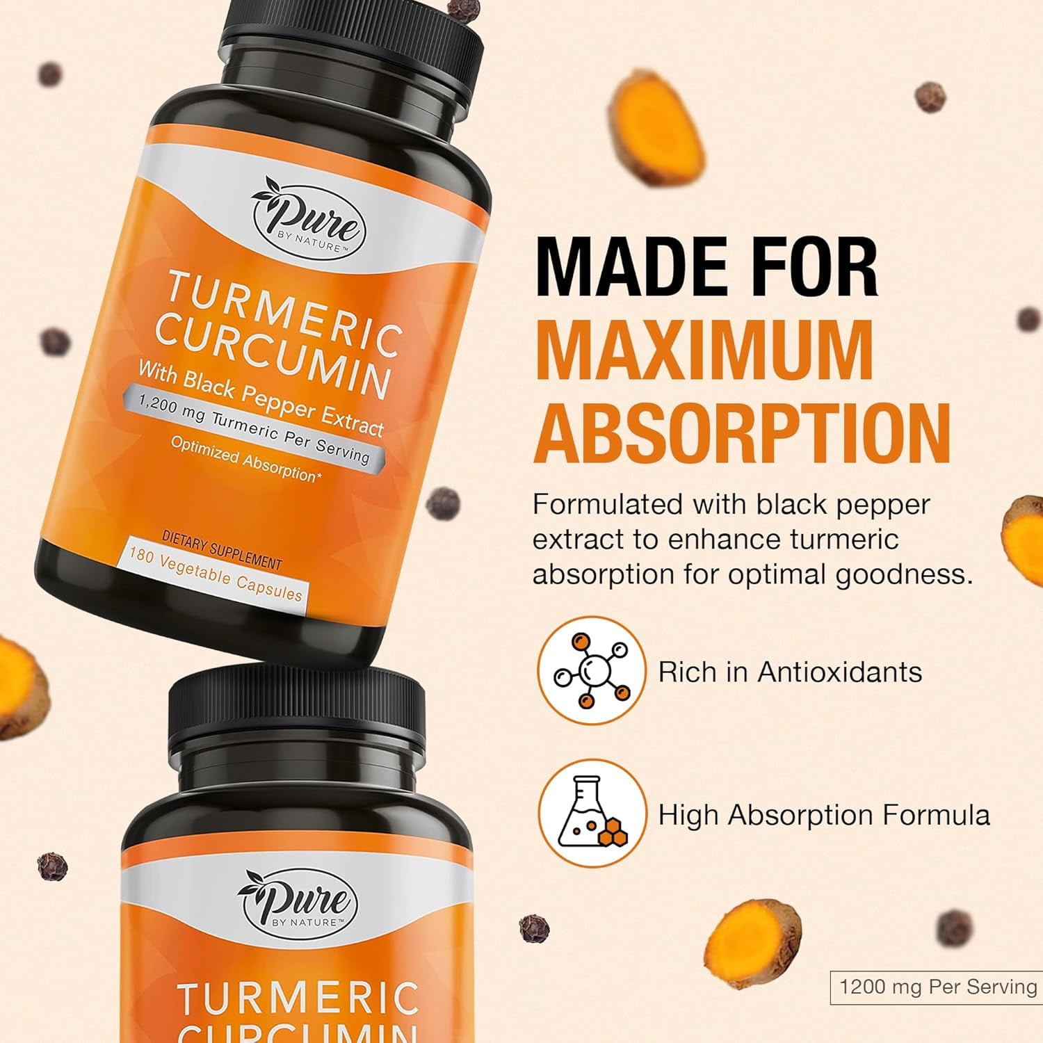 Pure By Nature Turmeric Curcumin with Black Pepper 1200 mg Capsules (180 Count)
