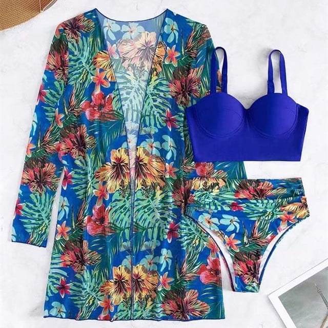 Augper Women Sexy With Chest Pad With Steel Bra Print Deep V Swimming Trunks Split Swimsuit Bikini Three Piece