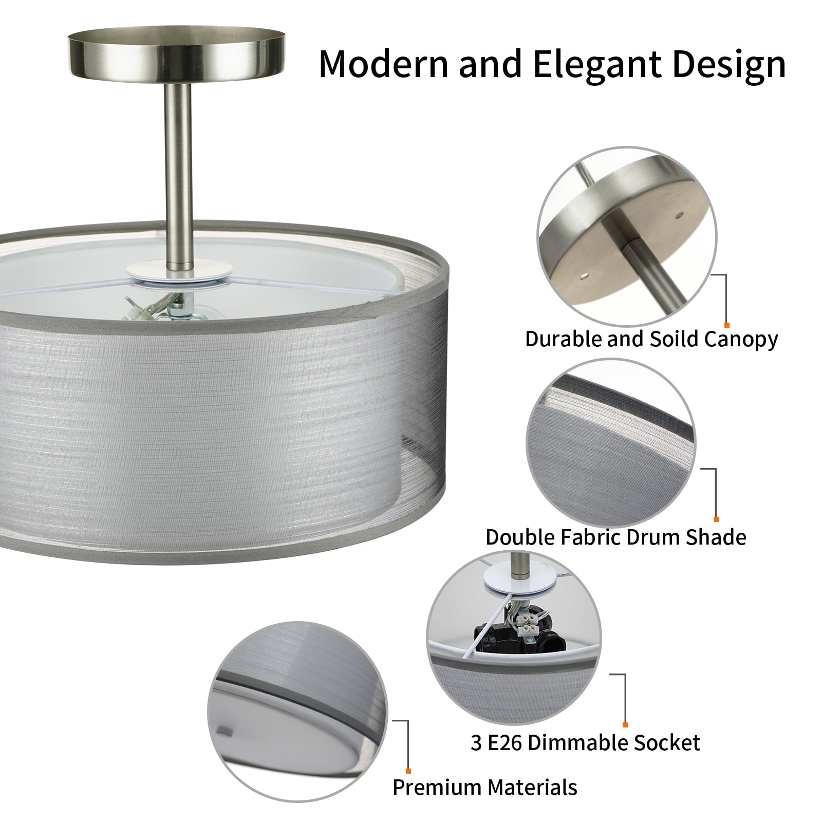 FRIDEKO HOME 12inch Semi Flush Mount Ceiling Light, Double Fabric Shade, 3-Lights Modern Drum Light Fixture for Hallway, Living Room, Bedroom (Without Bulbs)