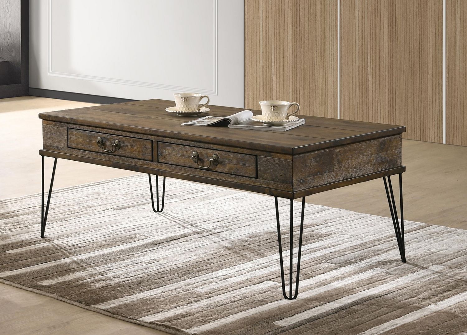 Topline Home Furnishings Table basse rectangulaire avec 2 tiroirs, chêne rusique