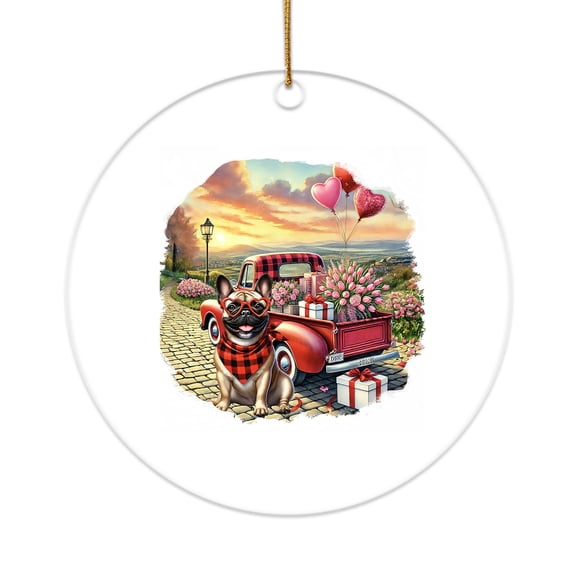 Be My Valentine's French Bulldog Truck Full of Love Flower Balloon Acrylic Round Ornament Dog Lover Gifts Home Tree Decor - 02029