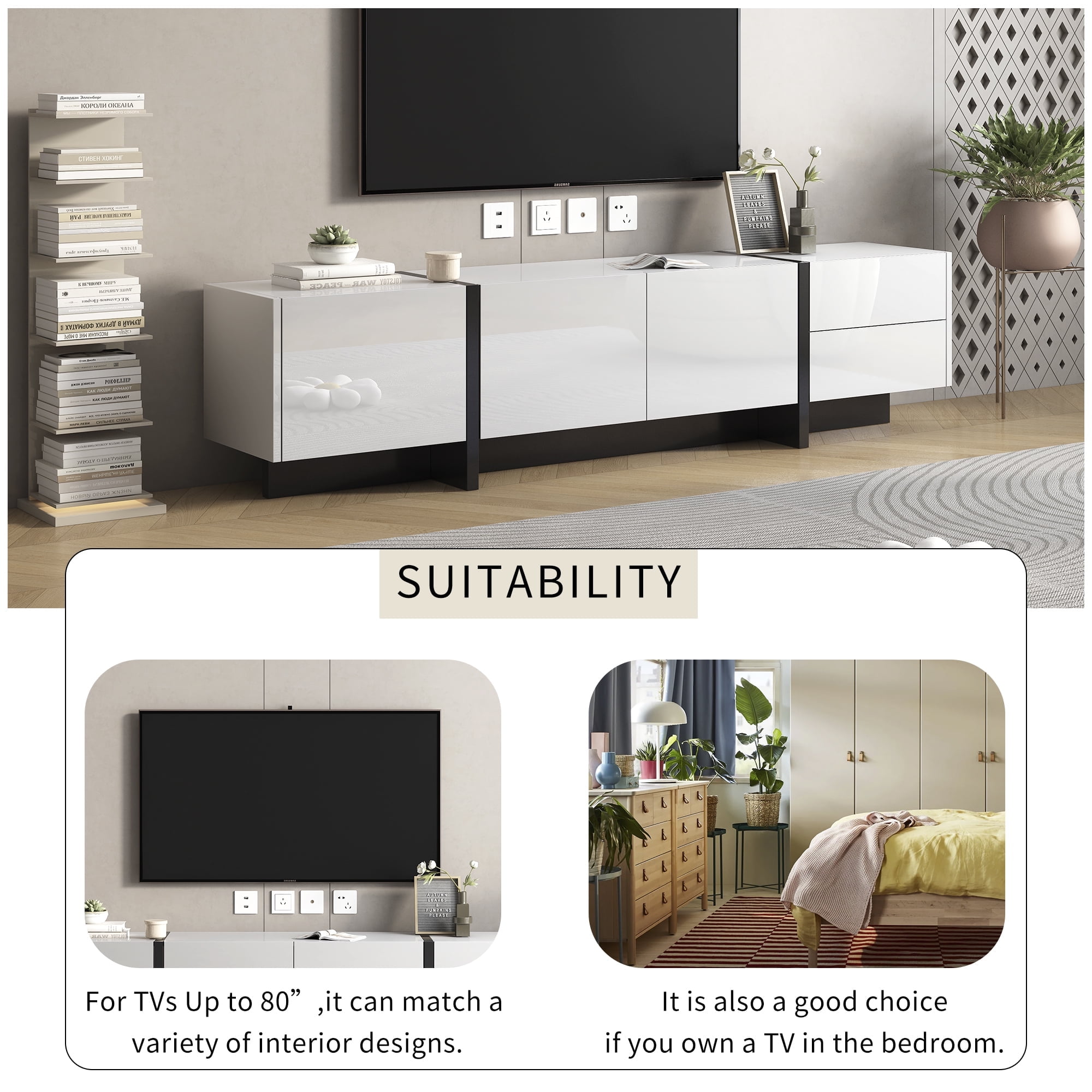 DEALTOPS Modern White & Black High Gloss UV Surface TV Stand with Large Storage Space for TVs up to 80'' - White