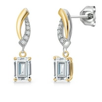 Gem Stone King 925 Silver and 10K Yellow Gold White Moissanite and White Lab Grown Diamond Dangle Earrings for Women | 1.19 Cttw | Gemstone Birthstone | Emerald Cut 6X4MM