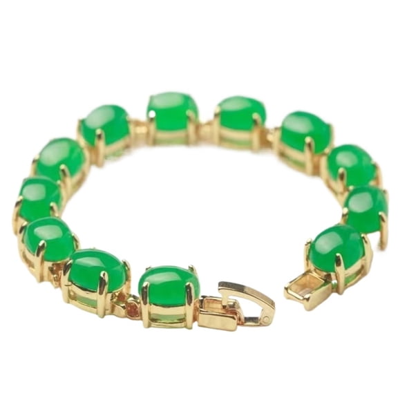 Green Jade Tennis Bracelet, Gold-Tone Setting, Oval Cabochon Stones, Elegant Gemstone Jewelry