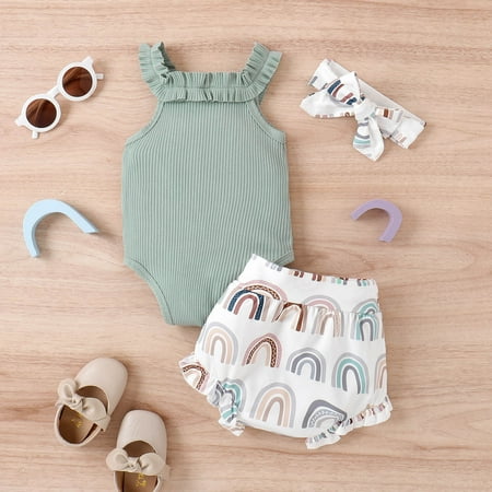

NECHOLOGY Infant Girls Sleeveless Ruffles Ribbed Romper Bodysuit Rainbow Floral Printed Shorts Headbands Cute Teen Girl Outfits Childrenscostume Green 9-12 Months