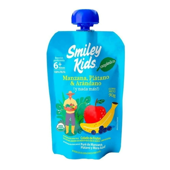 Papilla Orgánica Smiley Kids Manzana Plátano y Arándano 90 g
