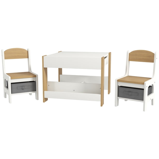 Ensemble de Table d'Activités et Chaises 3 Pcs avec Dessus Tableau Noir Réversible, Rangement Intégré et Bibliothèque, Fini Bois Naturel, Table 24 Pouces x 24 Pouces, pour Salle de Jeux et Aires d'Apprentissage